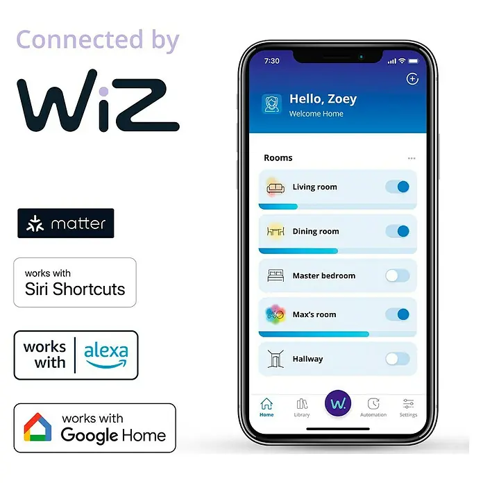Philips Wiz Smart-LED-Lampe - GU10, Dimmbar, Neutralweiß, 400 lm, 4,7 W, 1 Stk. - Eine Smartphone-App für das WiZ Smart Home System, die Raumsteuerung und Integrationen mit Matter, Siri, Alexa und Google Home zeigt.