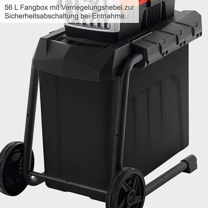 Scheppach Elektro-Leisehäcksler GS70 - Max. Aststärke: 42 mm, 2.800 W - Schwarze 56L Fangbox mit Rädern für Gartenhäcksler, mit Sicherheitsverriegelung.