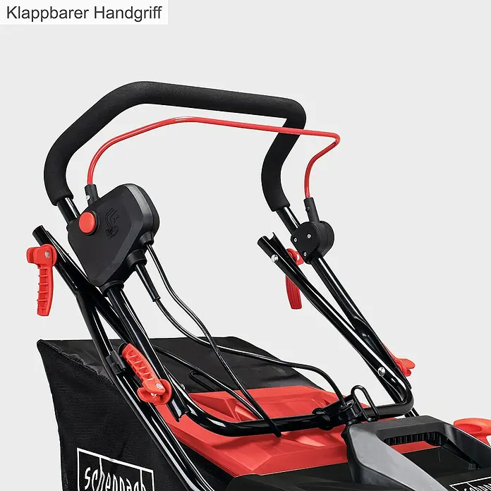 Scheppach Elektro-Vertikutierer-Lüfter SC 38 - 1.600 W, Arbeitsbreite: 38 cm - Nahaufnahme des klappbaren Griffs eines Rasenmähers mit schwarzem Schaumstoffgriff und roten Hebeln.
