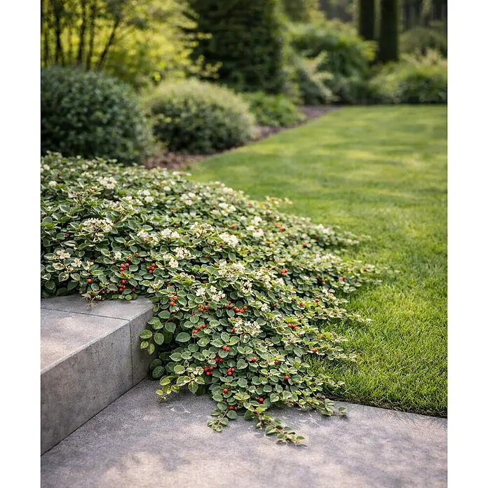 Piardino Teppichmispel - Cotoneaster dammeri, Topfgröße: 9 cm, Weiß/Hellrosa - Graue Betonstufen in einem Garten, gesäumt von Bodendecker mit weißen Blüten und roten Beeren.