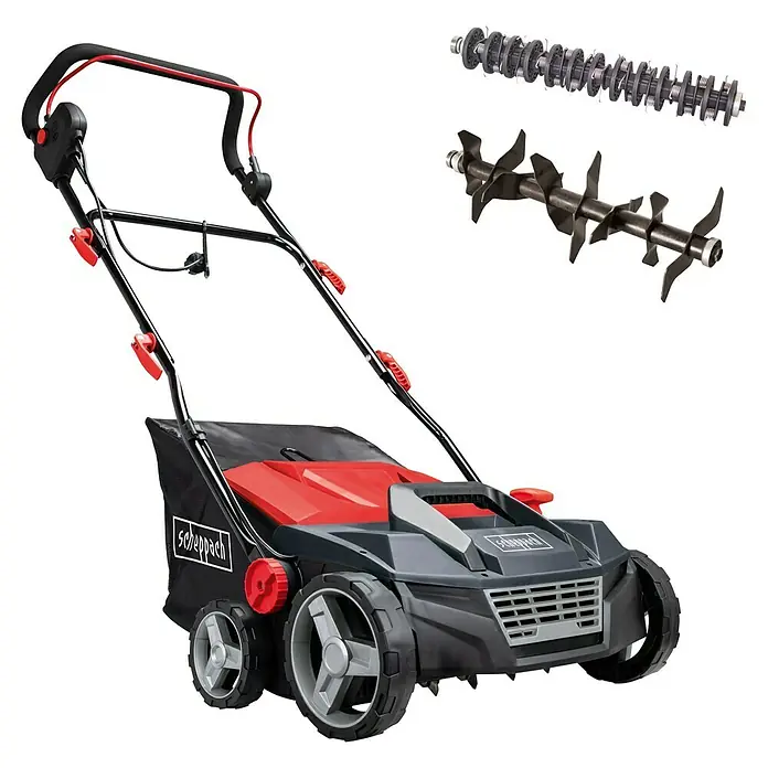 Scheppach Elektro-Vertikutierer-Lüfter SC 38 - 1.600 W, Arbeitsbreite: 38 cm - Roter und schwarzer elektrischer Rasenvertikutierer mit zwei austauschbaren Walzen.