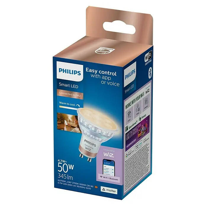 Philips Wiz Smart-LED-Lampe - GU10, Dimmbar, Neutralweiß, 400 lm, 4,7 W, 1 Stk. - Philips Smart LED GU10 Glühbirne in blauer und brauner Einzelhandelsverpackung, mit WiZ-Konnektivität, warm-kaltem Licht und Smart-Home-Kompatibilität.
