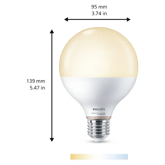 Philips Wiz Smart-LED-Lampe matter - E27, Dimmbarkeit: Dimmbar, Neutralweiß, 1.055 lm, 11 W - Philips Wiz Tunable White Smart LED G95 Glühbirne. Weiße Globuslampe mit Schraubsockel, zeigt Maße und ein Farbspektrum von warm bis kühlweiß.