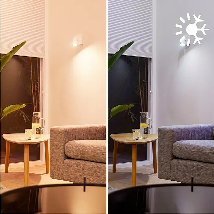 Philips Wiz Smart-LED-Lampe - GU10, Dimmbar, Neutralweiß, 400 lm, 4,7 W, 2 Stk. - Weißer Wandstrahler mit einstellbarer Lichttemperatur: warmes Licht links, kühles Licht mit Sonne/Schneeflocke-Symbolen rechts.