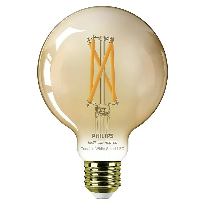 WiZ Smart-LED-Lampe G95 - E27, Dimmbar, Warmweiß, 640 lm, 7 W, 1 Stk. - Bernstein-getönte Philips Wiz Smart LED Globe-Glühbirne mit sichtbaren gelben Filamenten und Messingsockel.