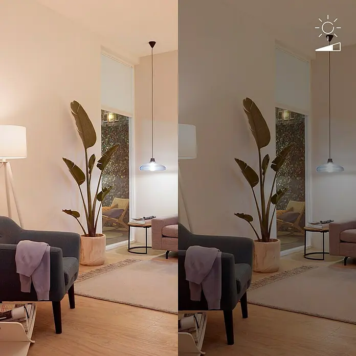 Philips Wiz Smart-LED-Lampe matter - E27, Dimmbarkeit: Dimmbar, Neutralweiß, 1.055 lm, 11 W - Wohnzimmer mit Pendel- und Stehlampe, dimmbare Beleuchtung von hell (links) zu sanft (rechts).
