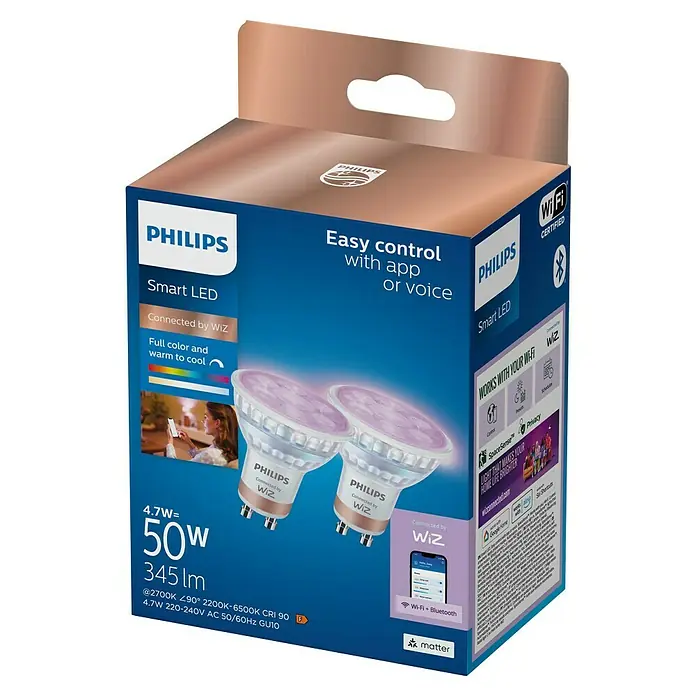 Philips Wiz Smart-LED-Lampe - GU10, Dimmbar, RGBW, 400 lm, 4,7 W, 2 Stk. - Philips Smart LED GU10 Doppelpack in blau-brauner Verpackung, zeigt zwei weiße Smart-Lampen mit leicht violettem Leuchten und Produktmerkmalen.