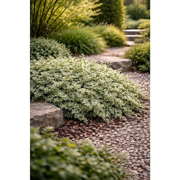 Piardino Weißbunte Kriechspindel 'Harlequin' - Euonymus fortunei 'Harlequin', Topfgröße: 9 cm, Grün mit weißer Umrandung - Buntlaubiger grün-weißer Strauch säumt einen Gartenweg mit Trittsteinen und Kies.