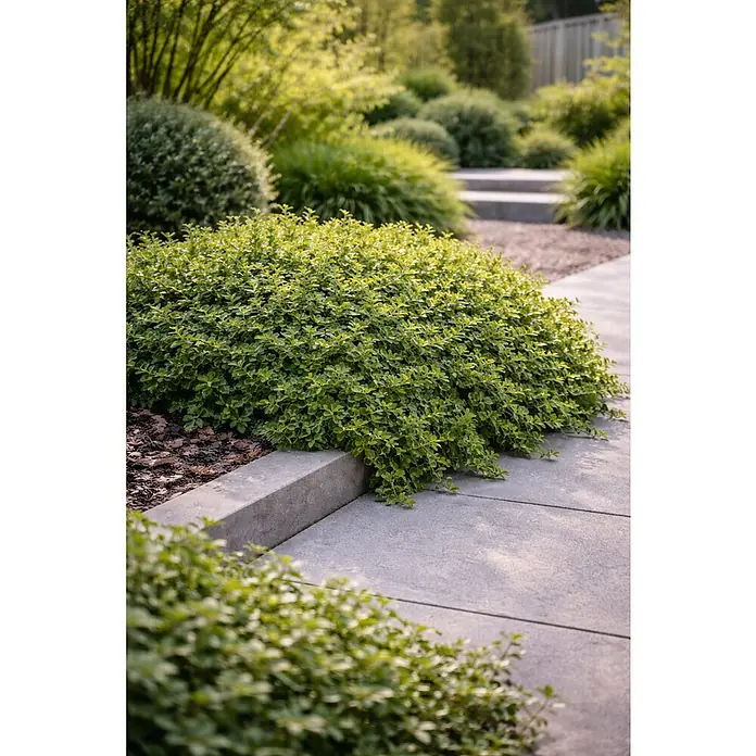Piardino Heckenmyrthe Maigrün - Lonicera nitida 'Maigrün', Weiß - Grauer Betonweg und Stufen in einem Garten, umrandet von grünen Büschen.