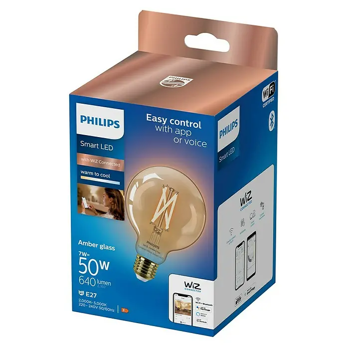 WiZ Smart-LED-Lampe G95 - E27, Dimmbar, Warmweiß, 640 lm, 7 W, 1 Stk. - Philips WiZ Connected Smart LED Glühbirne aus Amberglas. E27, 7W (50W), 640lm, warmes bis kühles Licht. Steuerung per App/Sprache.
