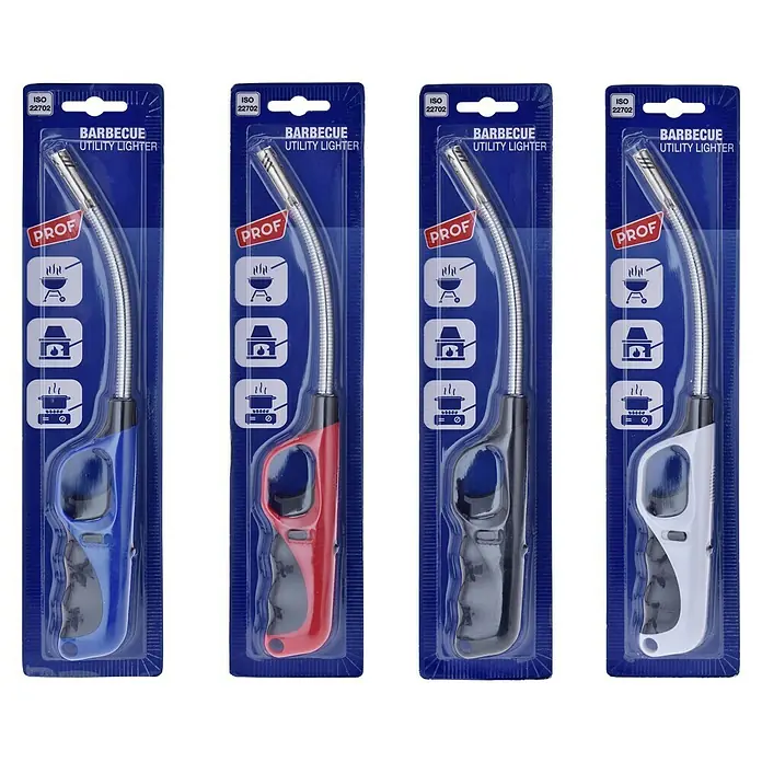 Encendedor de barbacoa Anchovy Flexy BBQ - Largo: 28,3 cm - Cuatro encendedores de barbacoa empaquetados en azul, rojo, negro y blanco con cuellos metálicos flexibles.