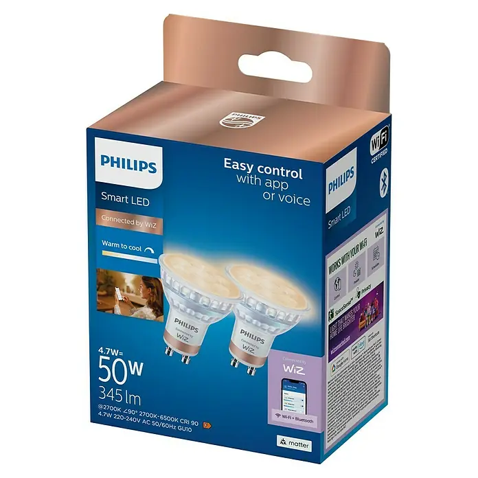 Philips Wiz Smart-LED-Lampe - GU10, Dimmbar, Neutralweiß, 400 lm, 4,7 W, 2 Stk. - Philips Smart LED WiZ GU10 2er-Pack Verpackung, blau-weiß, zeigt App-/Sprachsteuerung und Wi-Fi/Bluetooth.