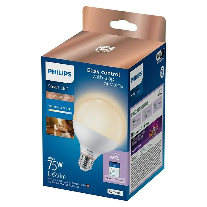 Philips Wiz Smart-LED-Lampe matter - E27, Dimmbarkeit: Dimmbar, Neutralweiß, 1.055 lm, 11 W - Philips WiZ Smart LED Leuchtmittelverpackung, zeigt die weiße LED-Birne und Merkmale wie App/Sprachsteuerung und Wi-Fi.