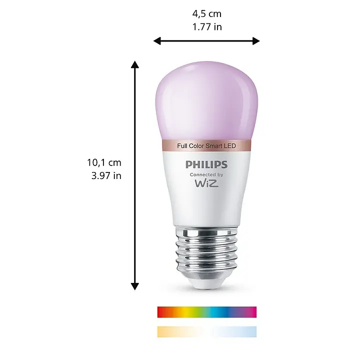 Philips Wiz Smart-LED-Lampe matter - E27, Dimmbar, RGBW, 470 lm, 4,9 W, 1 Stk. - Philips Wiz Full Color Smart LED-Birne, weiß mit silbernem Sockel, strahlt weiches Lila Licht aus.