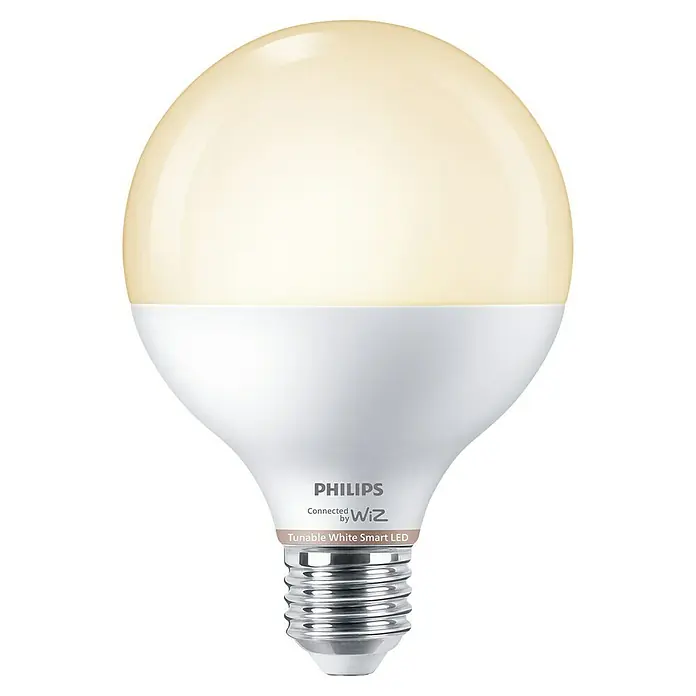 Philips Wiz Smart-LED-Lampe matter - E27, Dimmbarkeit: Dimmbar, Neutralweiß, 1.055 lm, 11 W - Eine Philips Connected by WiZ Tunable White Smart LED Glühbirne mit weißem Sockel, transluzentem gelblich-weißem Oberteil und silbernem Schraubsockel.
