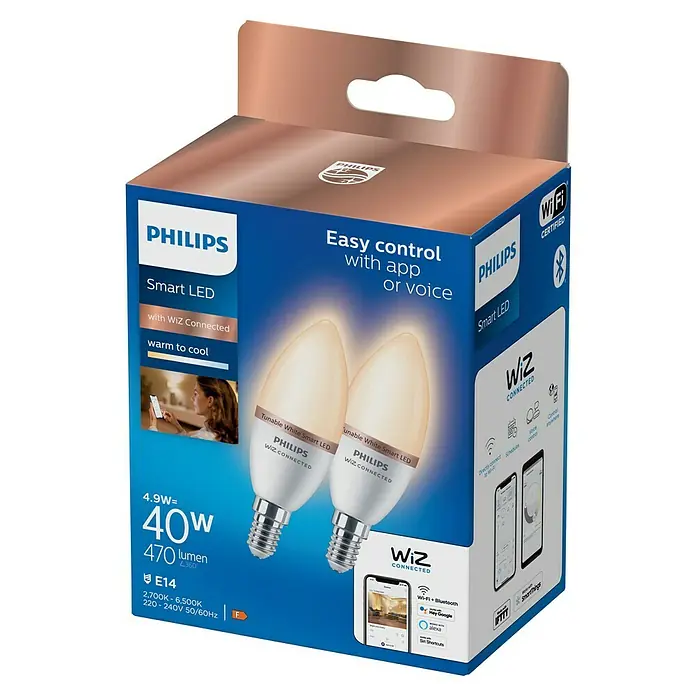 Philips Smart-LED-Lampe - E14, Dimmbar, Neutralweiß, 470 lm, 4,9 W, 2 Stk. - Philips Smart LED-Lampen (2er-Pack, E14, 4.9W/40W, 470lm) mit einstellbarem Warm- bis Kaltweiß, steuerbar über WiZ App/Sprachassistenten.