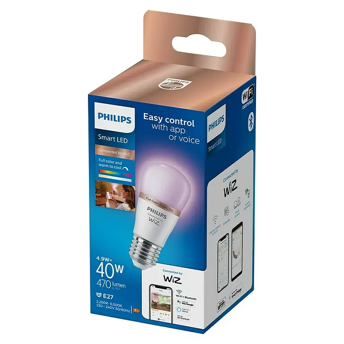 Philips Wiz Smart-LED-Lampe matter - E27, Dimmbar, RGBW, 470 lm, 4,9 W, 1 Stk. - Philips WiZ Smart LED-Glühbirnenverpackung, zeigt eine Vollfarb-E27-Birne mit App- und Sprachsteuerungsfunktionen.