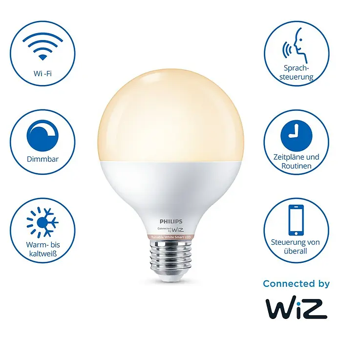 Philips Wiz Smart-LED-Lampe matter - E27, Dimmbarkeit: Dimmbar, Neutralweiß, 1.055 lm, 11 W - Philips Wiz Tunable White Smart LED-Lampe, dimmbar, warm- bis kaltweißes Licht, steuerbar über Wi-Fi und Sprache.