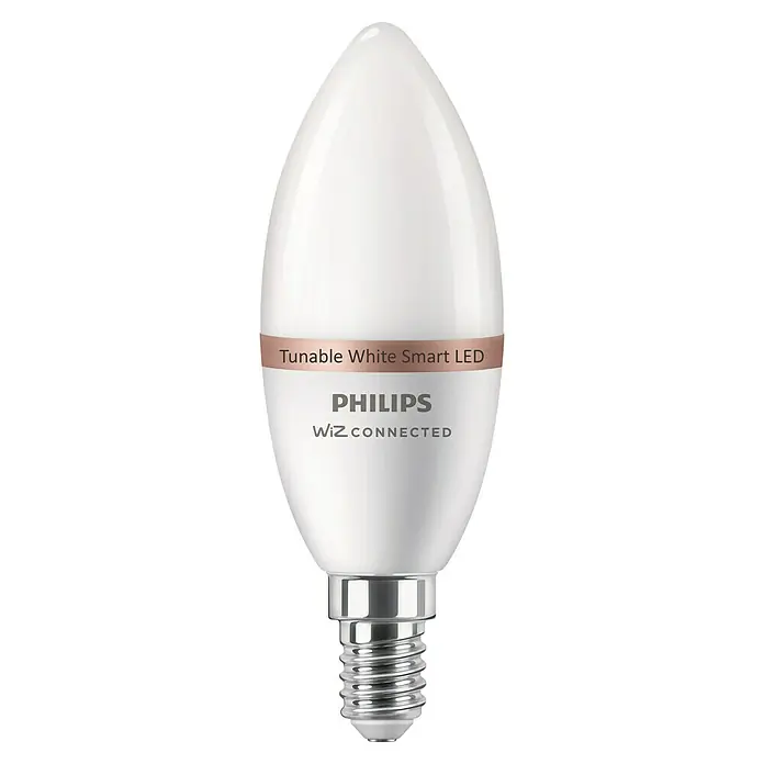Philips Smart-LED-Lampe - E14, Dimmbar, Neutralweiß, 470 lm, 4,9 W, 2 Stk. - Weiße Philips Tunable White Smart LED Kerzenlampe mit roségoldenem Band und silbernem E14-Schraubsockel.