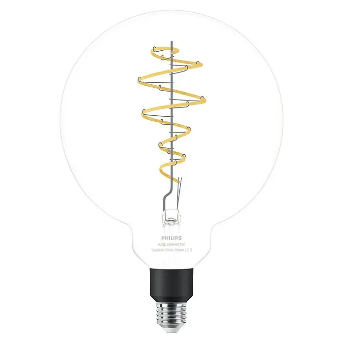 Philips Wiz Smart-LED-Lampe - E27, Dimmbar, Neutralweiß, 470 lm, 7 W, 1 Stk. - Philips WiZ Connected Tunable White Smart LED-Lampe. Große klare Kugel mit spiralförmigem Amber-Glühfaden und E27-Schraubsockel.