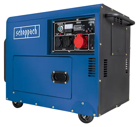 Ein blau-schwarzer Scheppach Generator mit Rädern, Bedienfeld und Griffen.