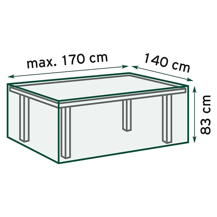 Pura Vida Gartentisch-Schutzhülle Basic - L x B x H: 170 x 140 x 83 cm, Polyethylen, 90 g/m², Transparent - Abbildung eines Tisches mit Maßen: max. Länge 170 cm, Breite 140 cm, Höhe 83 cm.