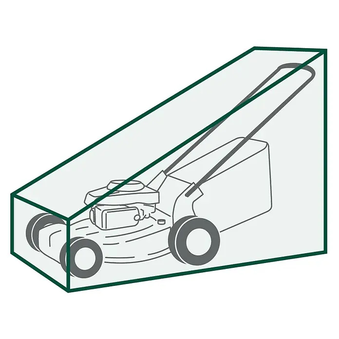 Pura Vida Rasenmäher-Schutzhülle Basic - L x B: 160 x 62 cm, 90 g/m², Transparent - Ein Rasenmäher mit Motor und grauen Rädern, in einer transparenten Schutzhülle mit dunkelgrünem Rand.