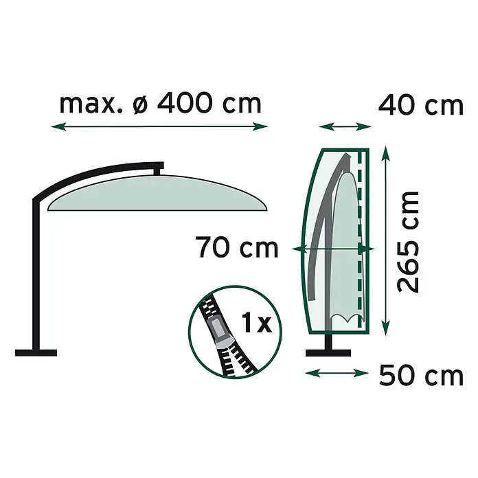 Pura Vida Sonnenschirm Schutzhülle - Passend für: Ampelschirme bis Ø400 cm, Polyethylen, 90 g/m², Transparent - Sonnenschirm (max. Ø 400 cm, 70 cm Höhe) und grüne Schutzhülle (265 cm Höhe, max. 50 cm Breite) mit Reißverschluss.