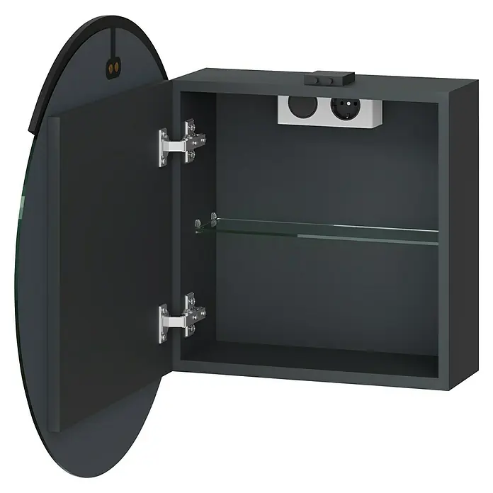 Riva Sabbia LED-Spiegelschrank - B x H: 60 x 60 cm, Schwarz - Dunkelgrauer Spiegelschrank mit offener Spiegeltür, Glasablage und integrierter Steckdose mit Schalter.
