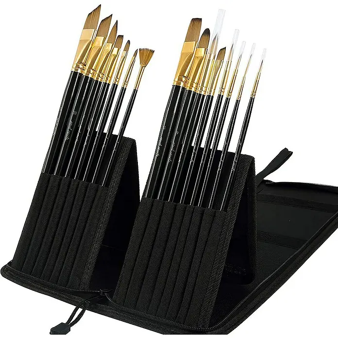Mont Marte Künstlerpinsel-Set Studio mit Tragtasche - 17 -tlg., Größe Pinsel: 1 x Pinseltasche 1 x Eckpunkt-Liner (0) 5 x Rund (2/0, 0, 1, 2, 4) 5 x Gepolstert (4/0, 3/0, 2/0, 0, 1) 2 x Flach (1,0) 2 x Punktier-Liner (3/0, 4/0)
