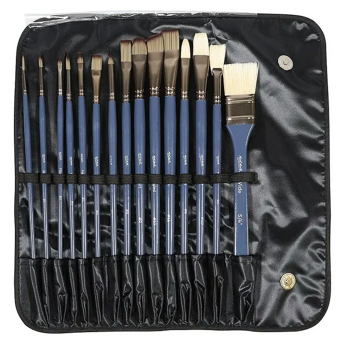 Mont Marte Borstenpinsel-Set Premium 15er Pinselset - 15 -tlg., Größe Pinsel: Taklonpinsel: Liner: 3/0 (1×) Rund: 1, 3, 6 (je 1×) Haselnuss (Filbert): 2, 4, 9 (je 1×) Flach: 6, 8 (je 1×) Abgewinkelt: 10 (1×) Waschpinsel: 11 (1×) Borstenpinsel (Schweineborste): Haselnuss: 8 (1×) Flach: 10 (1×) Fächer: 4 (1×) Breitpinsel: 5/4 Zoll (1×), Schweineborsten