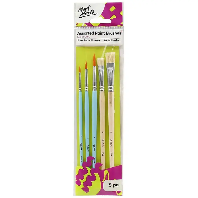 Mont Marte Künstlerpinsel-Set Discovery Assorted - 5 -tlg., Größe Pinsel: Flachpinsel: Größe 8 und 12 Rundpinsel: Größe 2, 4 und 8, Nylonfaser