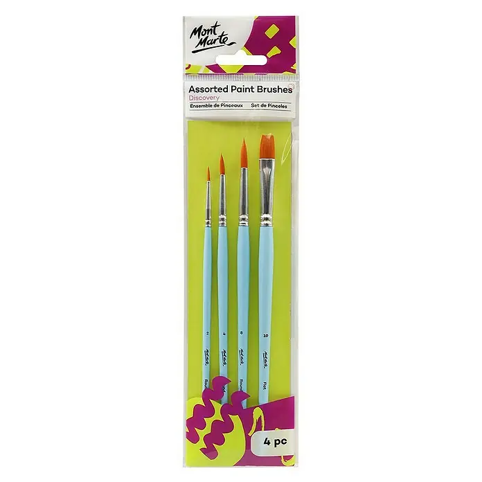 Mont Marte Künstlerpinsel-Set Discovery Assorted - 4 -tlg., Größe Pinsel: Flachpinsel: Größe 10 Rundpinsel: Größe 2, 4 und 8, Kunstfaser