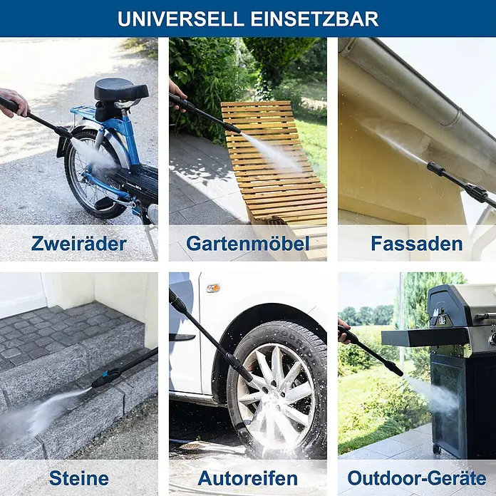 Scheppach Hochdruckreiniger SHD110 - 1.400 W, Max. Druck: 110 bar, Fördermenge: 390 l/h - Ein Hochdruckreiniger wird zur Reinigung verschiedener Gegenstände wie Fahrzeuge, Möbel und Außenflächen verwendet.