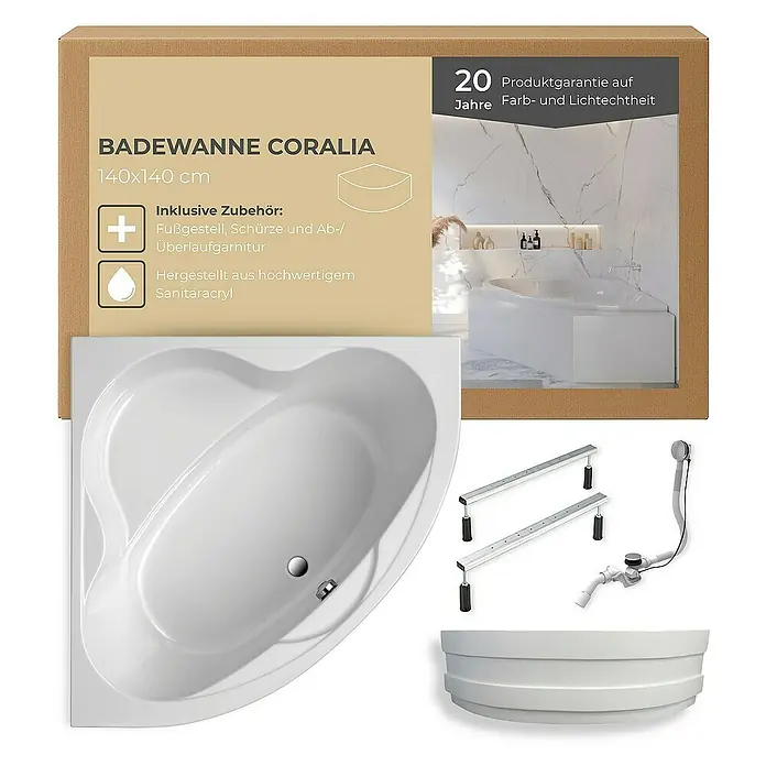 Interpromo Eckbadewanne Coralia - L x B: 140 x 140 cm, Acryl, Weiß