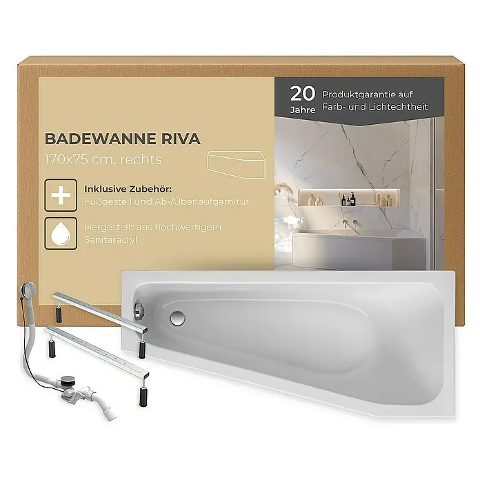 Interpromo Raumsparbadewanne Riva - 170 x 75 cm, Acryl, Weiß, Rechts