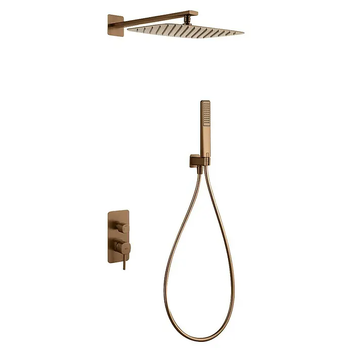 Camargue Bolonia Conjunto de ducha empotrado - Número de tipos de chorro: 1 ud., Oro rosa - Sistema de ducha dorado cepillado con rociador cuadrado, ducha de mano y panel de control de dos mandos.