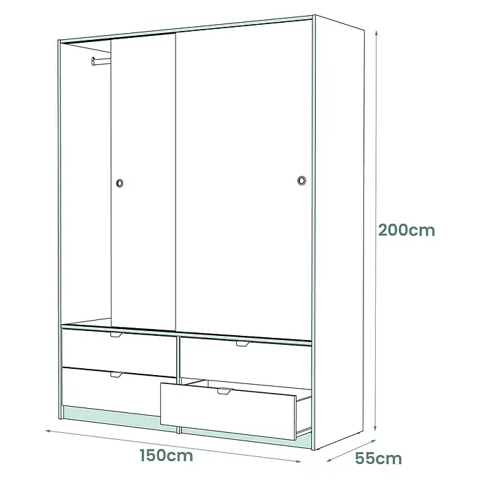 Meka Block Armario de puertas correderas K-7321 - L x An x Al: 55 x 150 x 200 cm, Blanco Liso/Roble Albar - Armario blanco con tres puertas correderas y tres cajones, 200x150x55cm.