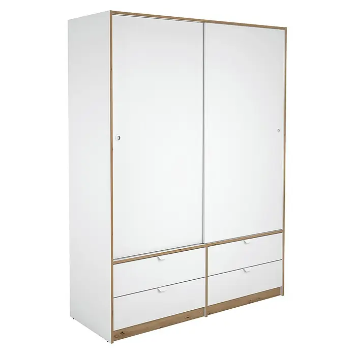Meka Block Armario de puertas correderas K-7321 - L x An x Al: 55 x 150 x 200 cm, Blanco Liso/Roble Albar - Armario blanco y de madera clara con dos puertas correderas y cuatro cajones inferiores.