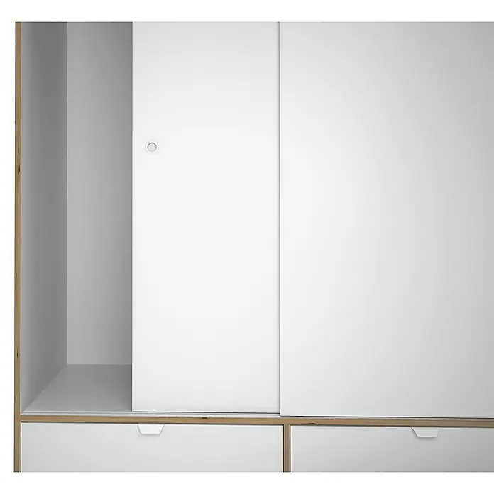 Meka Block Armario de puertas correderas K-7321 - L x An x Al: 55 x 150 x 200 cm, Blanco Liso/Roble Albar - Armario blanco con marco de madera clara, una puerta corredera parcialmente abierta que revela el interior y dos cajones inferiores.