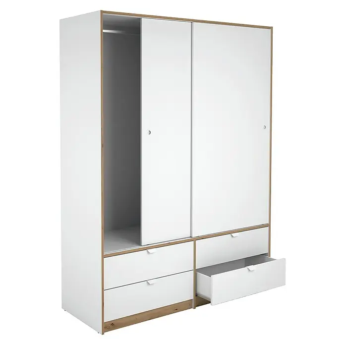 Meka Block Armario de puertas correderas K-7321 - L x An x Al: 55 x 150 x 200 cm, Blanco Liso/Roble Albar - Armario blanco y de madera con dos puertas correderas y cuatro cajones. Una puerta y un cajón están abiertos.