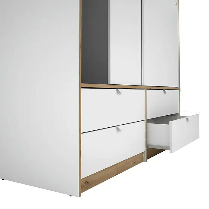 Meka Block Armario de puertas correderas K-7321 - L x An x Al: 55 x 150 x 200 cm, Blanco Liso/Roble Albar - Armario blanco moderno con detalles de madera, con cajones, uno parcialmente abierto.
