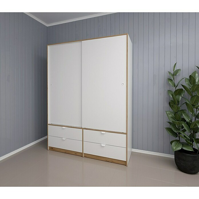 Meka Block Armario de puertas correderas K-7321 (L x An x Al: 55 x 150 x 200 cm, Blanco Liso/Roble Albar) | BAUHAUS