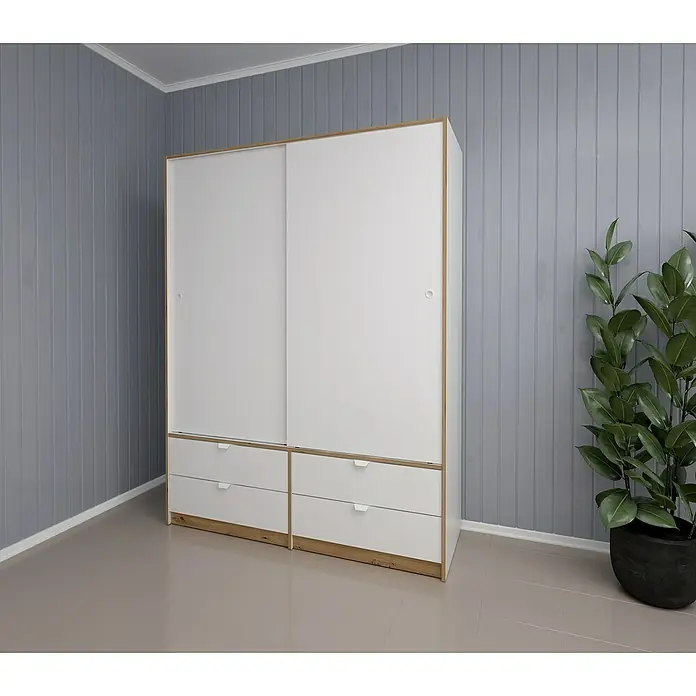 Meka Block Armario de puertas correderas K-7321 - L x An x Al: 55 x 150 x 200 cm, Blanco Liso/Roble Albar - Armario blanco de puertas correderas con detalles de madera y cajones integrados en una habitación con paredes grises.