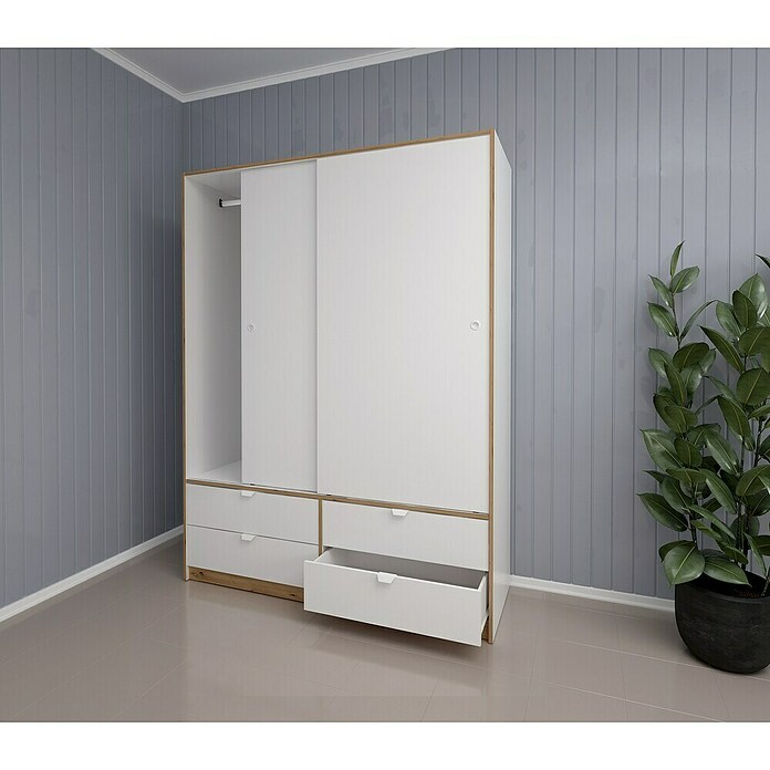 Meka Block Armario de puertas correderas K-7321 (L x An x Al: 55 x 150 x 200 cm, Blanco Liso/Roble Albar) | BAUHAUS