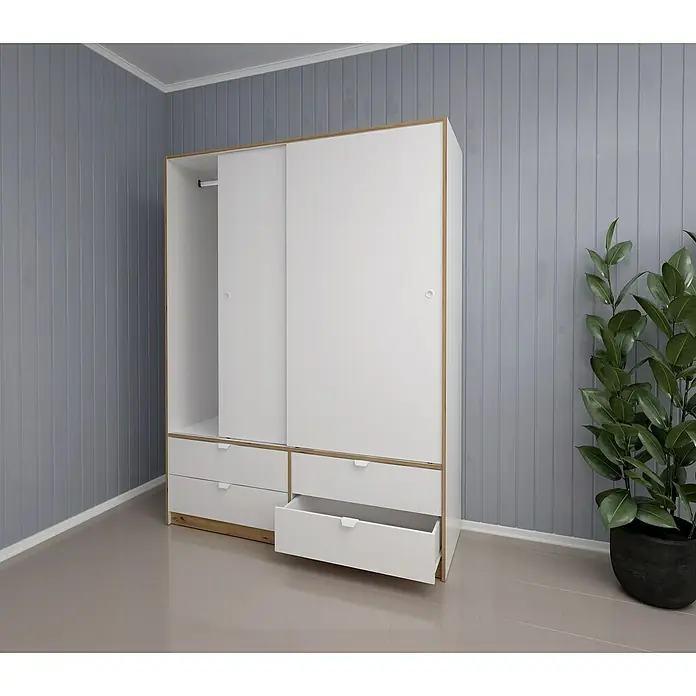 Meka Block Armario de puertas correderas K-7321 - L x An x Al: 55 x 150 x 200 cm, Blanco Liso/Roble Albar - Armario blanco con detalles de madera y puertas correderas, con varios cajones, uno parcialmente abierto, en una habitación moderna.