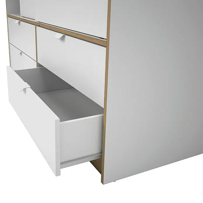 Meka Block Armario de puertas correderas K-7321 - L x An x Al: 55 x 150 x 200 cm, Blanco Liso/Roble Albar - Cómoda moderna blanca con detalles de madera y un cajón abierto, mostrando su diseño limpio y espacio de almacenamiento.