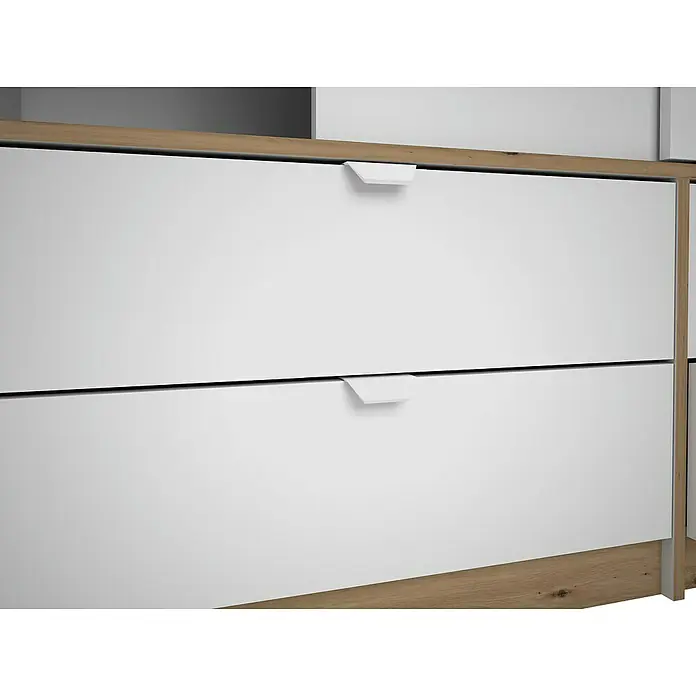 Meka Block Armario de puertas correderas K-7321 - L x An x Al: 55 x 150 x 200 cm, Blanco Liso/Roble Albar - Cajones de muebles blancos con tiradores integrados, enmarcados por paneles de madera clara.