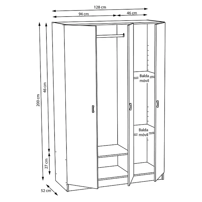 Meka Block Armario para ropa K-7349 - L x An x Al: 52 cm x 128,2 mm x 200 cm, Blanco Liso - Dibujo lineal de un armario de 3 puertas: 128 cm ancho, 200 cm alto, 52 cm fondo. Con barra y baldas móviles.