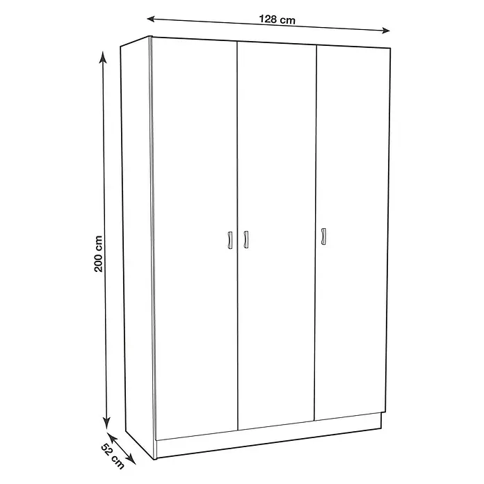 Meka Block Armario para ropa K-7349 - L x An x Al: 52 cm x 128,2 mm x 200 cm, Blanco Liso - Dibujo lineal de un armario de tres puertas, de 128 cm de ancho, 200 cm de alto y 52 cm de fondo.